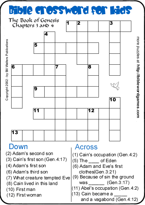 Free Christian Bible crossword for kids and teens.
